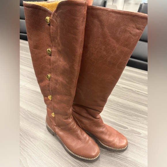 Michael Kors Tall Brown Leather Riding Boots Faux Fur Lined Snap Up Size 6 ½ M - Picture 10 of 16